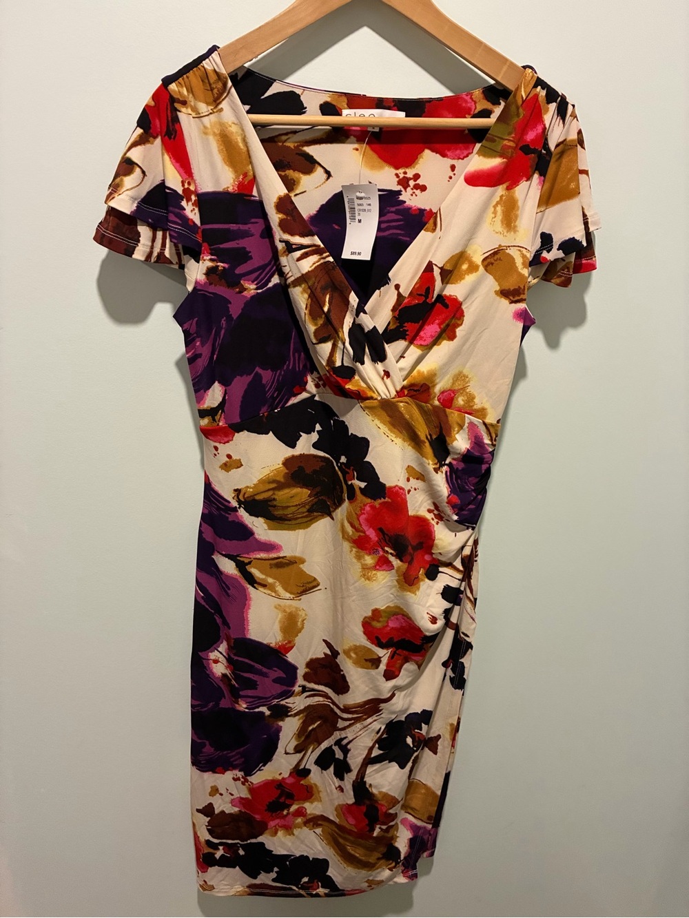 CLEO Floral V-Neck Floral Dress in Cream with Purple & Red Accents Medium NWT